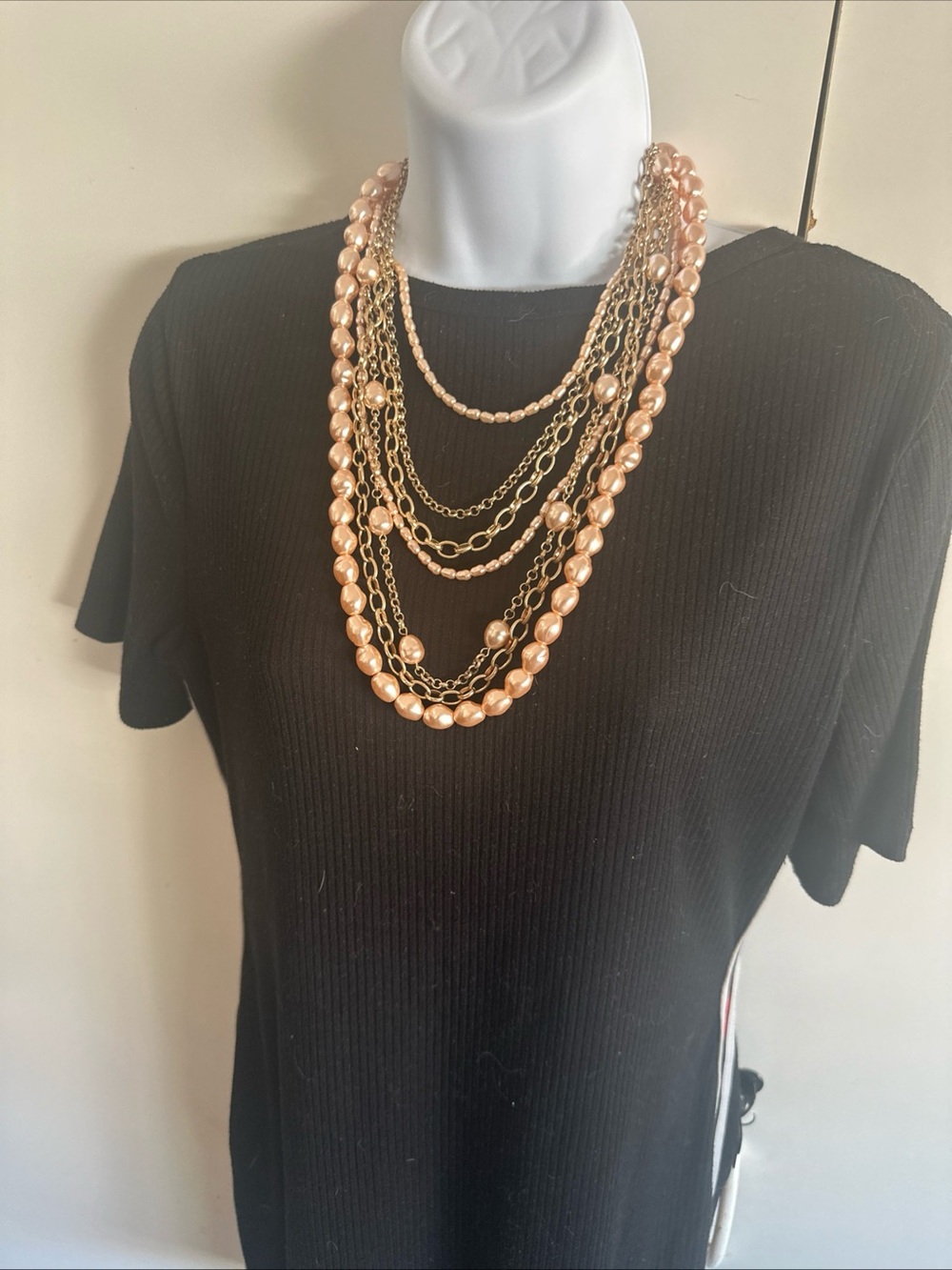 Layered Peach Bead and Gold Chain Multi-Strand Necklace